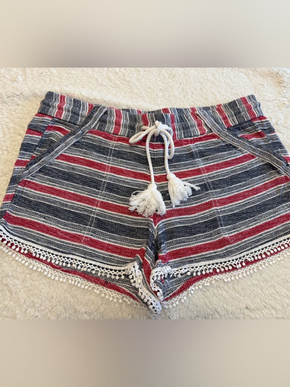Jolt Red, Navy & White Striped Tassel Drawstring Crochet-Hem Shorts